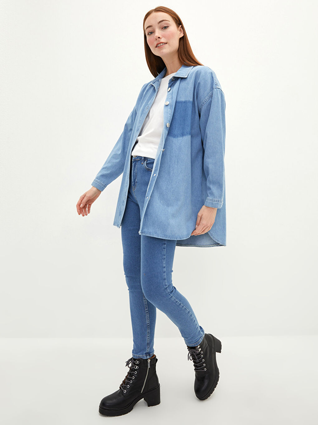 LCW Modest Hemdkragen Farbblock Langarm Frauen Rodeo Jeans-Tunika -W1HU24Z8-H45