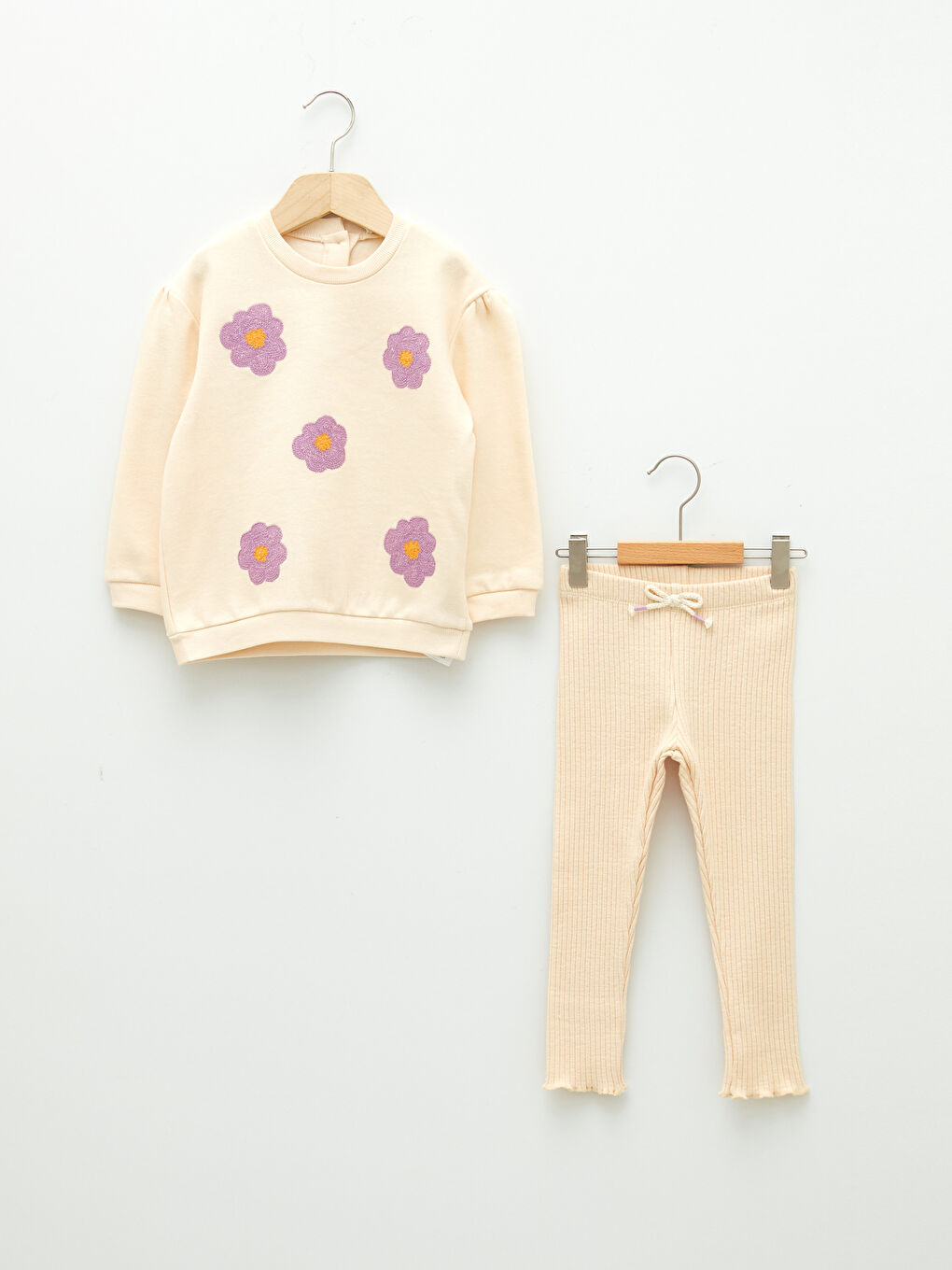 Crew Neck Long Sleeve Embroidery Detailed Baby Girl Sweatshirt and Tights 2-Pack