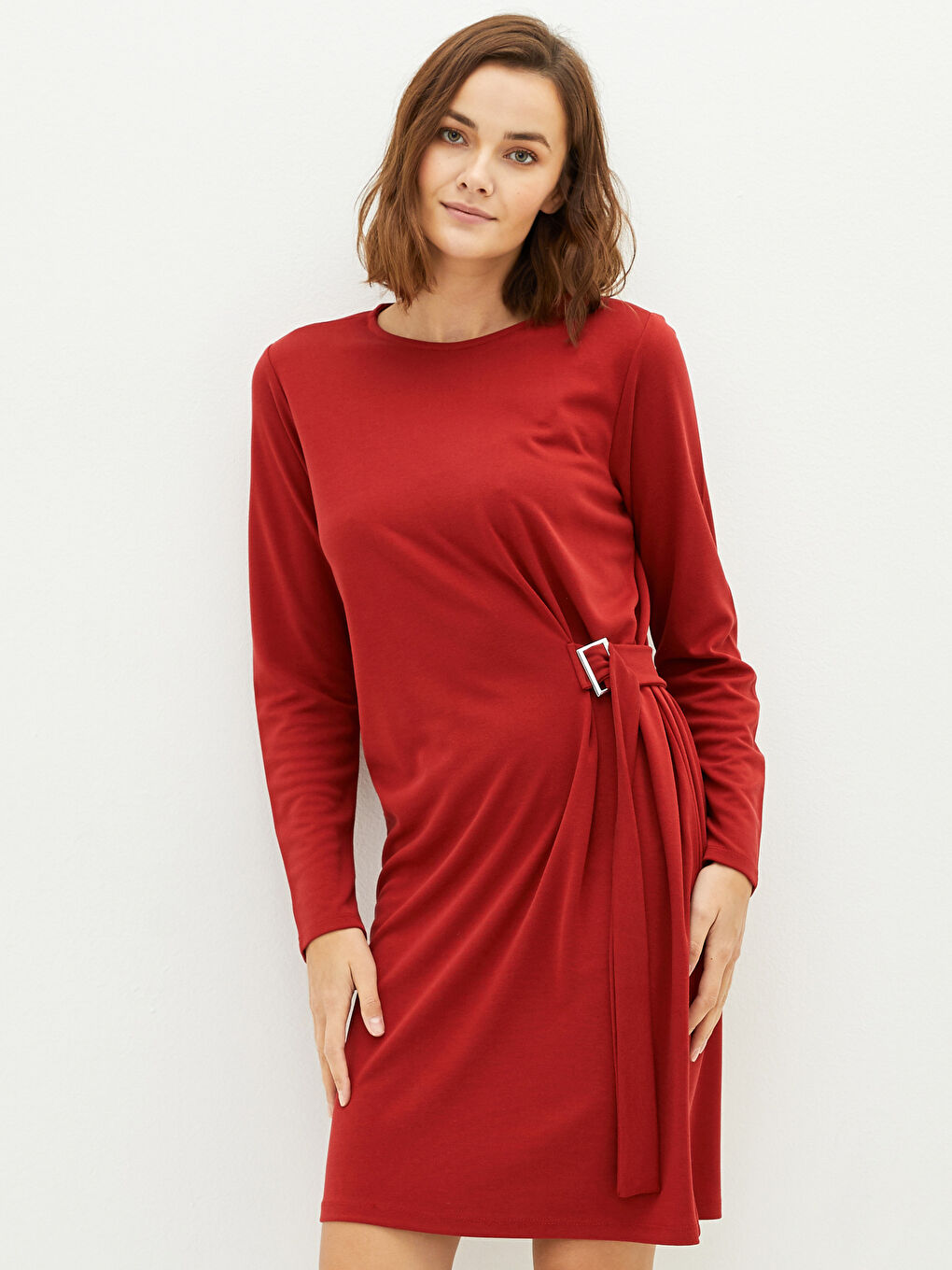LCWAIKIKI Classic Crew Neck Regular Long Sleeve Cami Fabric Women's Dress -W1HU37Z8-HLG