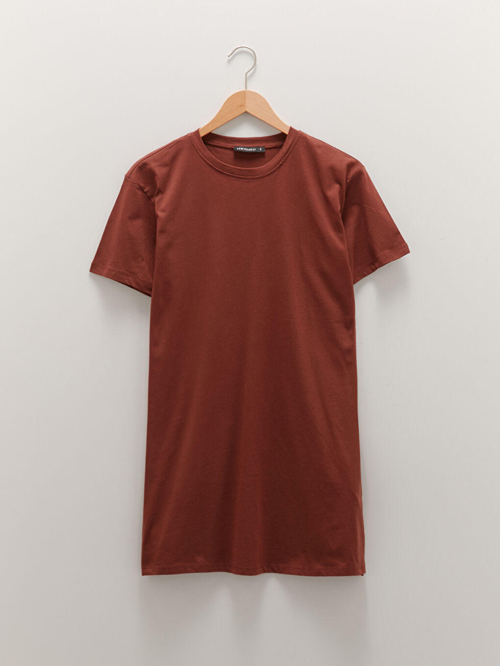 Kahverengi Bisiklet Yaka Düz Kısa Kollu Pamuklu Kadın Tunik-5