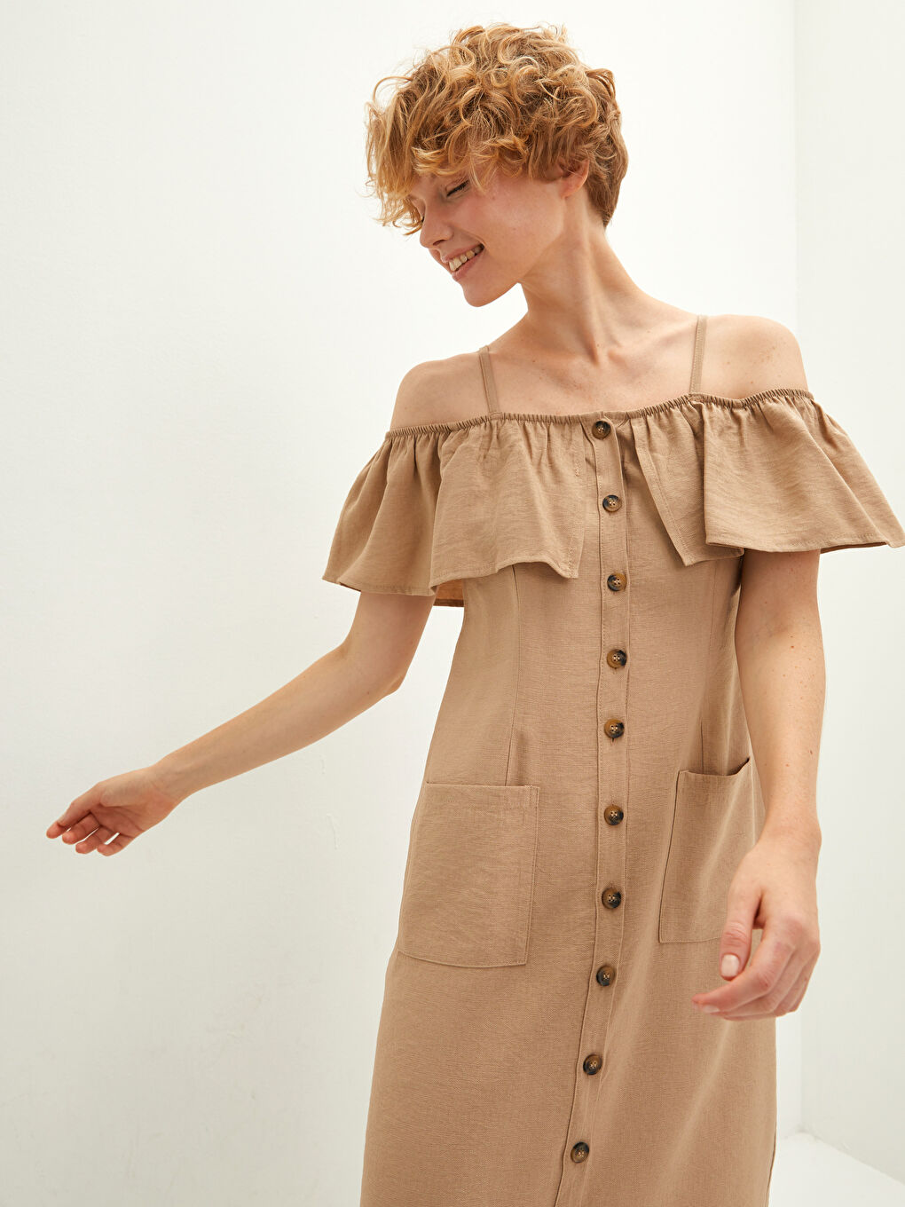 Bej Kare Yaka Düz Kısa Kollu A Kesim Kadın Elbise-1