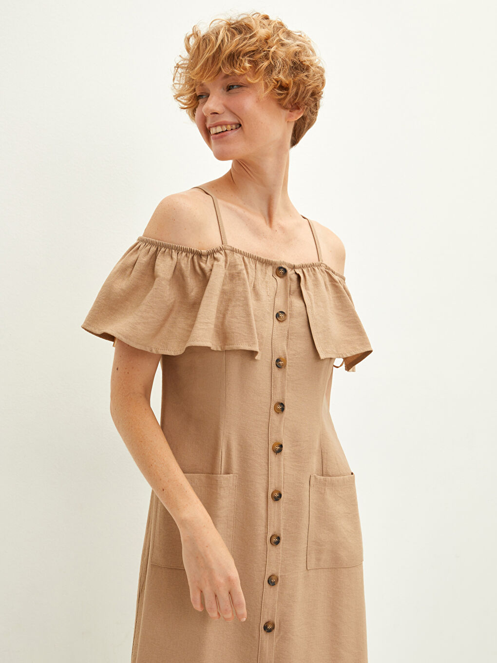 Bej Kare Yaka Düz Kısa Kollu A Kesim Kadın Elbise-2