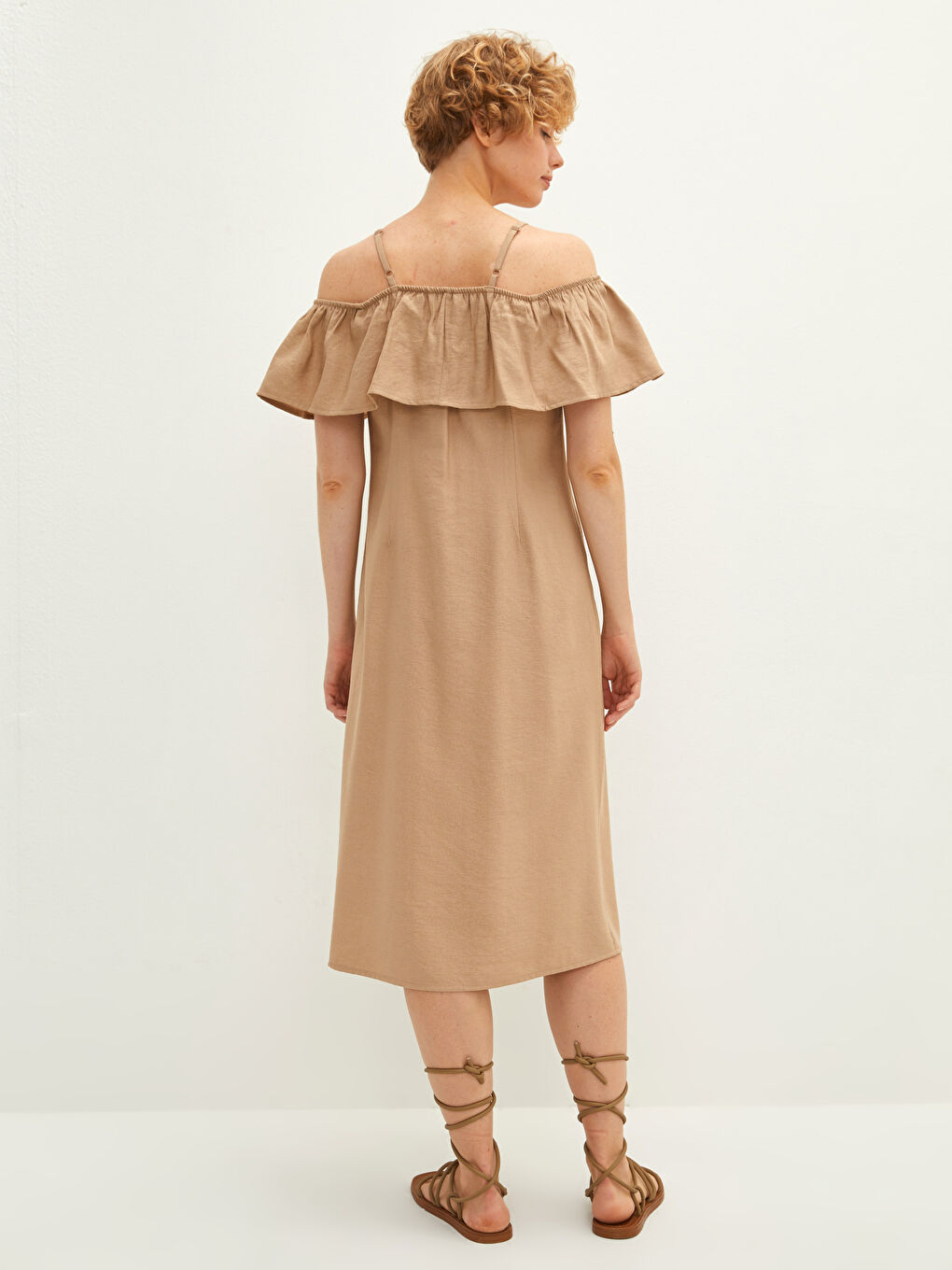 Bej Kare Yaka Düz Kısa Kollu A Kesim Kadın Elbise-4