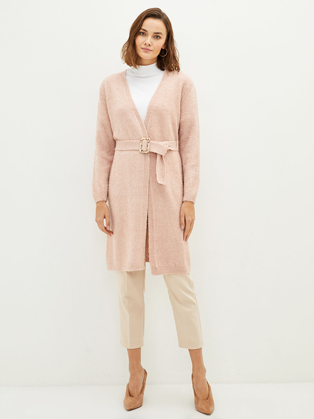 Жилетка от трико с шал яка и колан на талията за жени-1