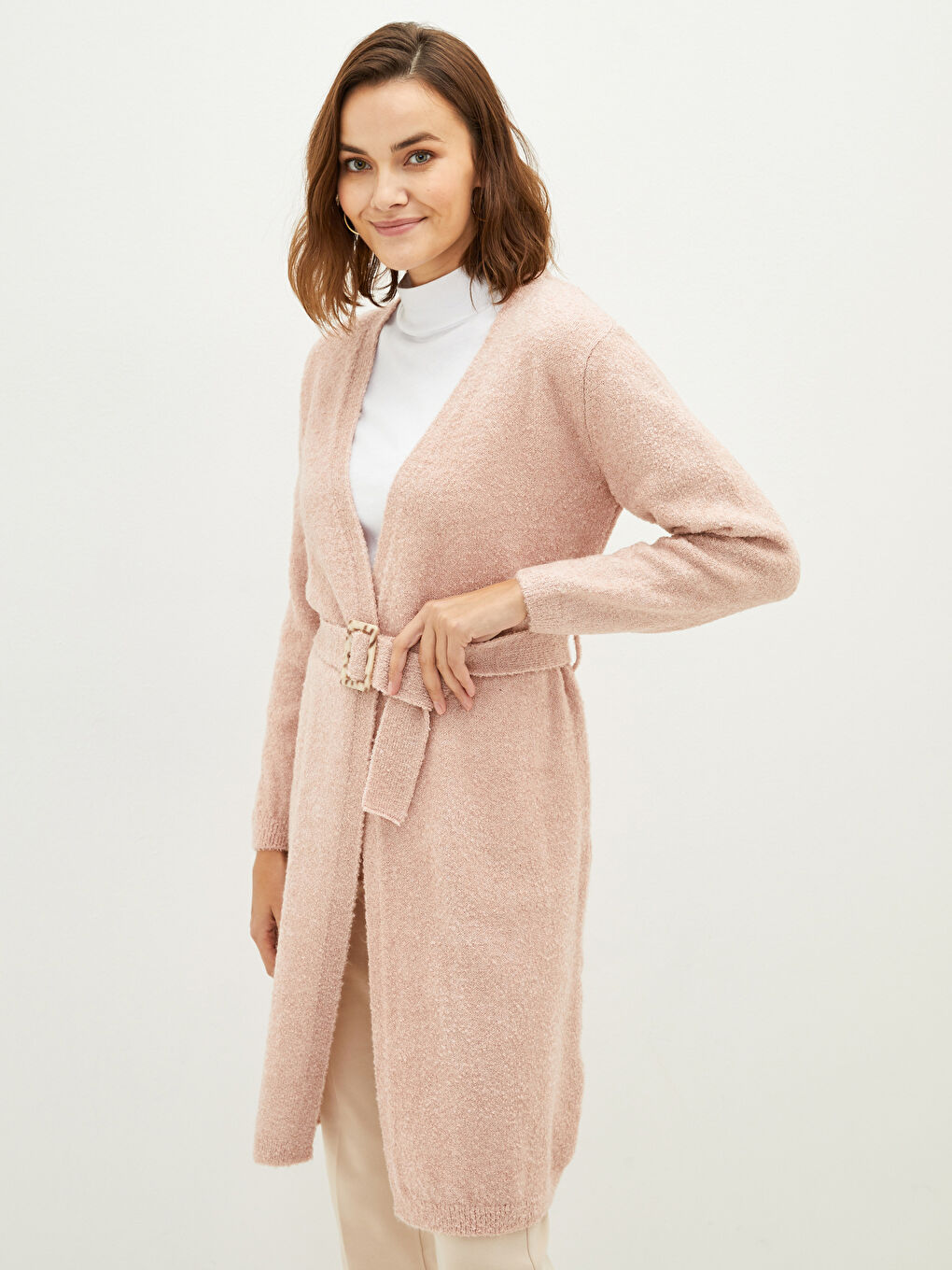 Жилетка от трико с шал яка и колан на талията за жени-2