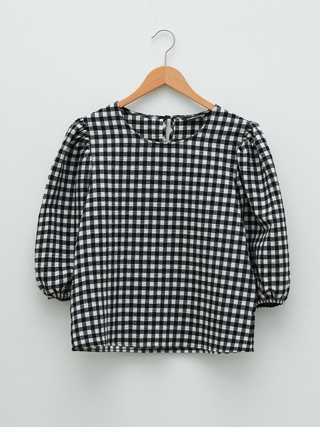 Siyah Bisiklet Yaka Ekose Balon Kollu Kadın Bluz-5