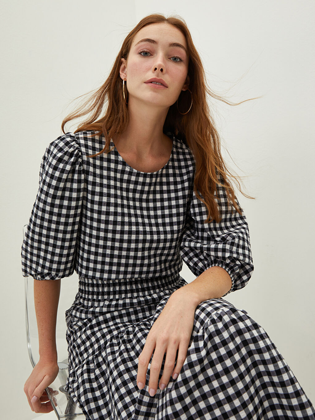 Siyah Bisiklet Yaka Ekose Balon Kollu Kadın Bluz