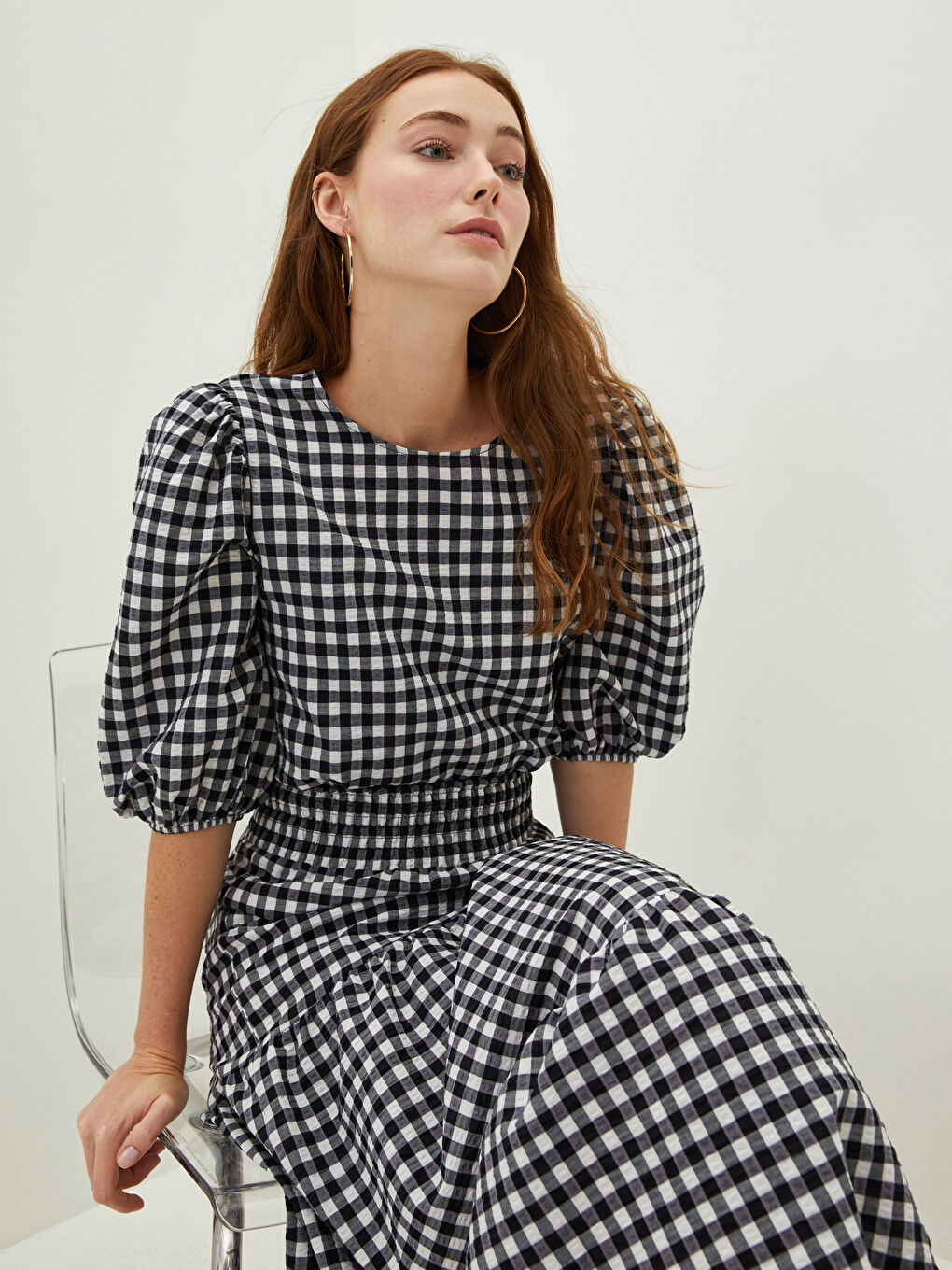 Siyah Bisiklet Yaka Ekose Balon Kollu Kadın Bluz-2