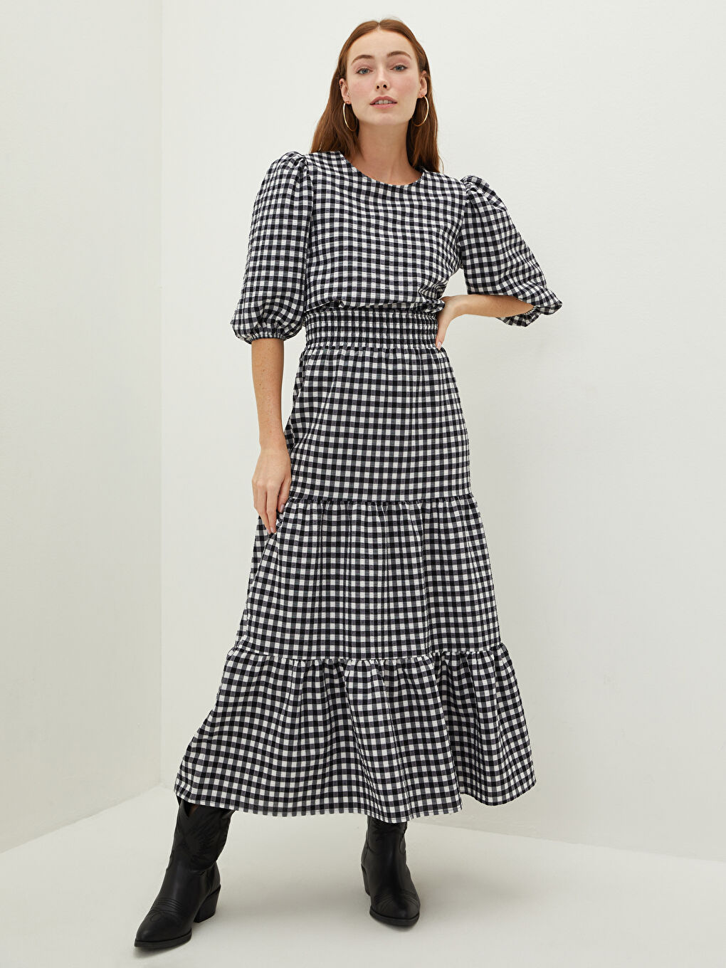 Siyah Bisiklet Yaka Ekose Balon Kollu Kadın Bluz-3