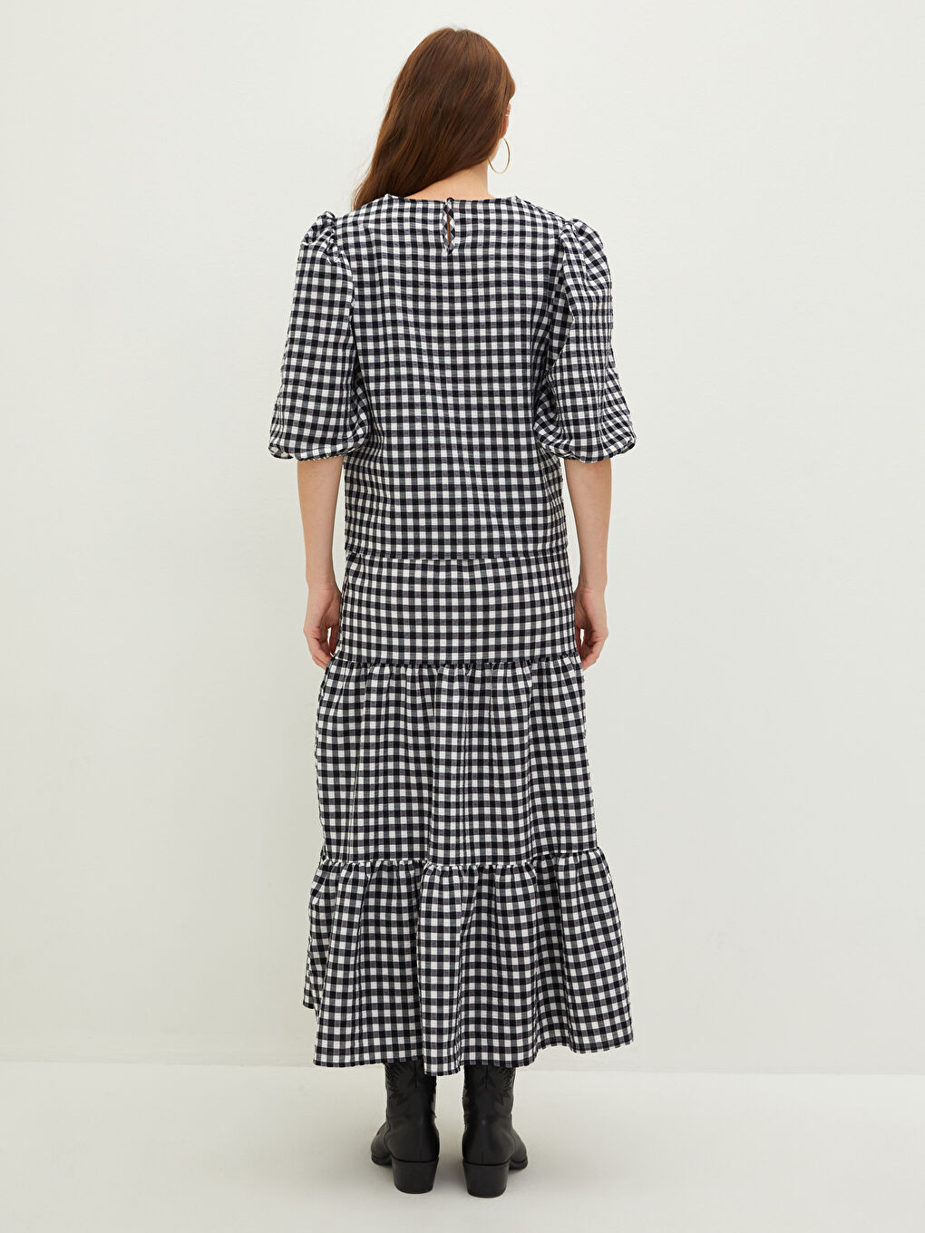 Siyah Bisiklet Yaka Ekose Balon Kollu Kadın Bluz-4