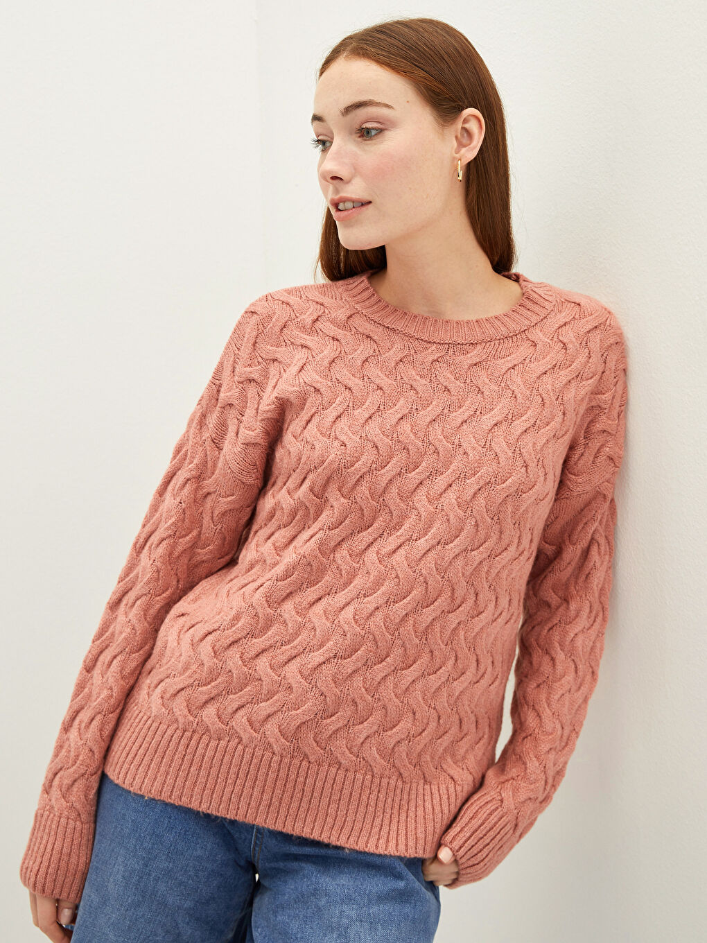 Pembe Bisiklet Yaka Kendinden Desenli Uzun Kollu Kadın Triko Kazak