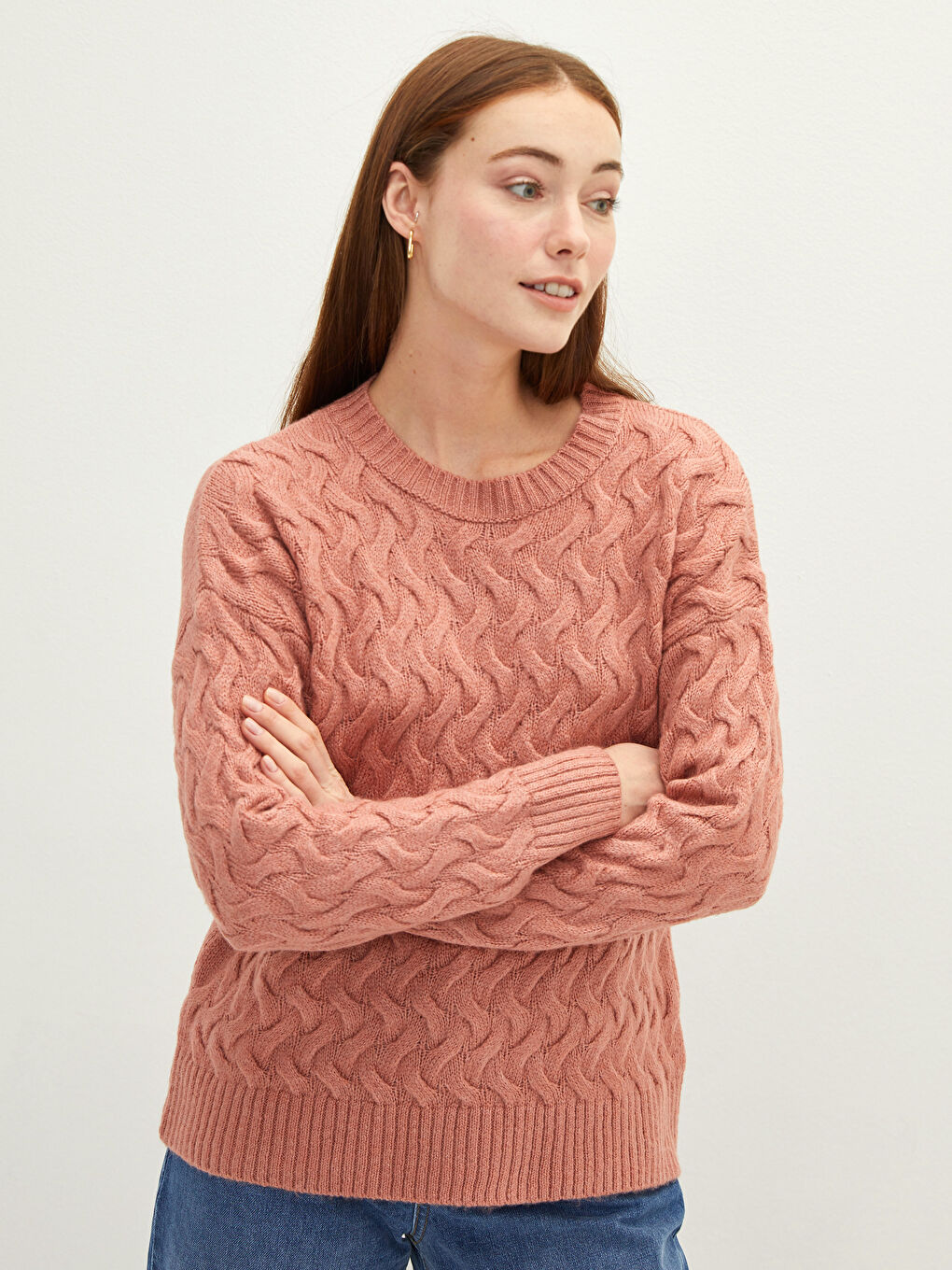 Pembe Bisiklet Yaka Kendinden Desenli Uzun Kollu Kadın Triko Kazak-1