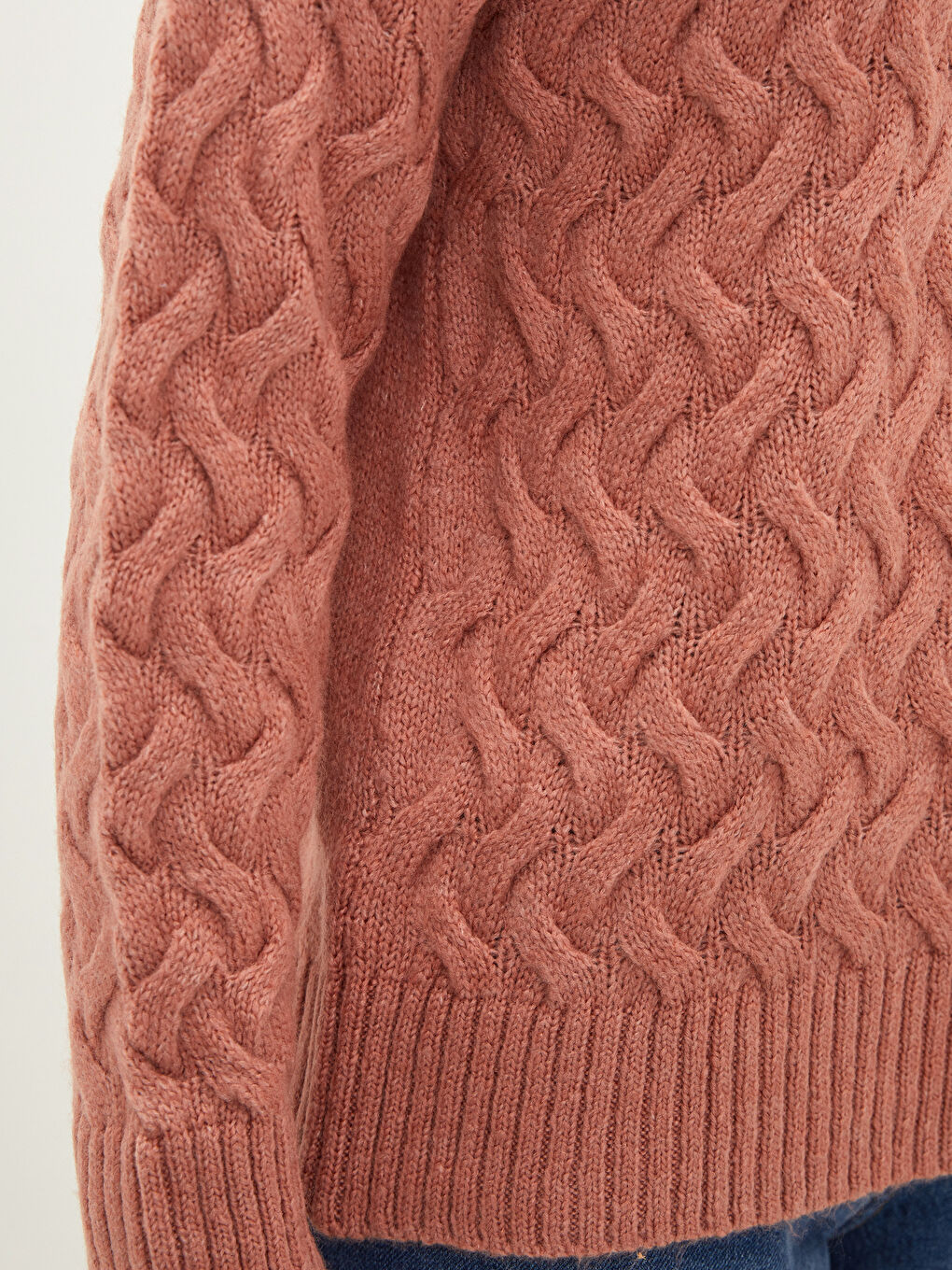 Pembe Bisiklet Yaka Kendinden Desenli Uzun Kollu Kadın Triko Kazak-2