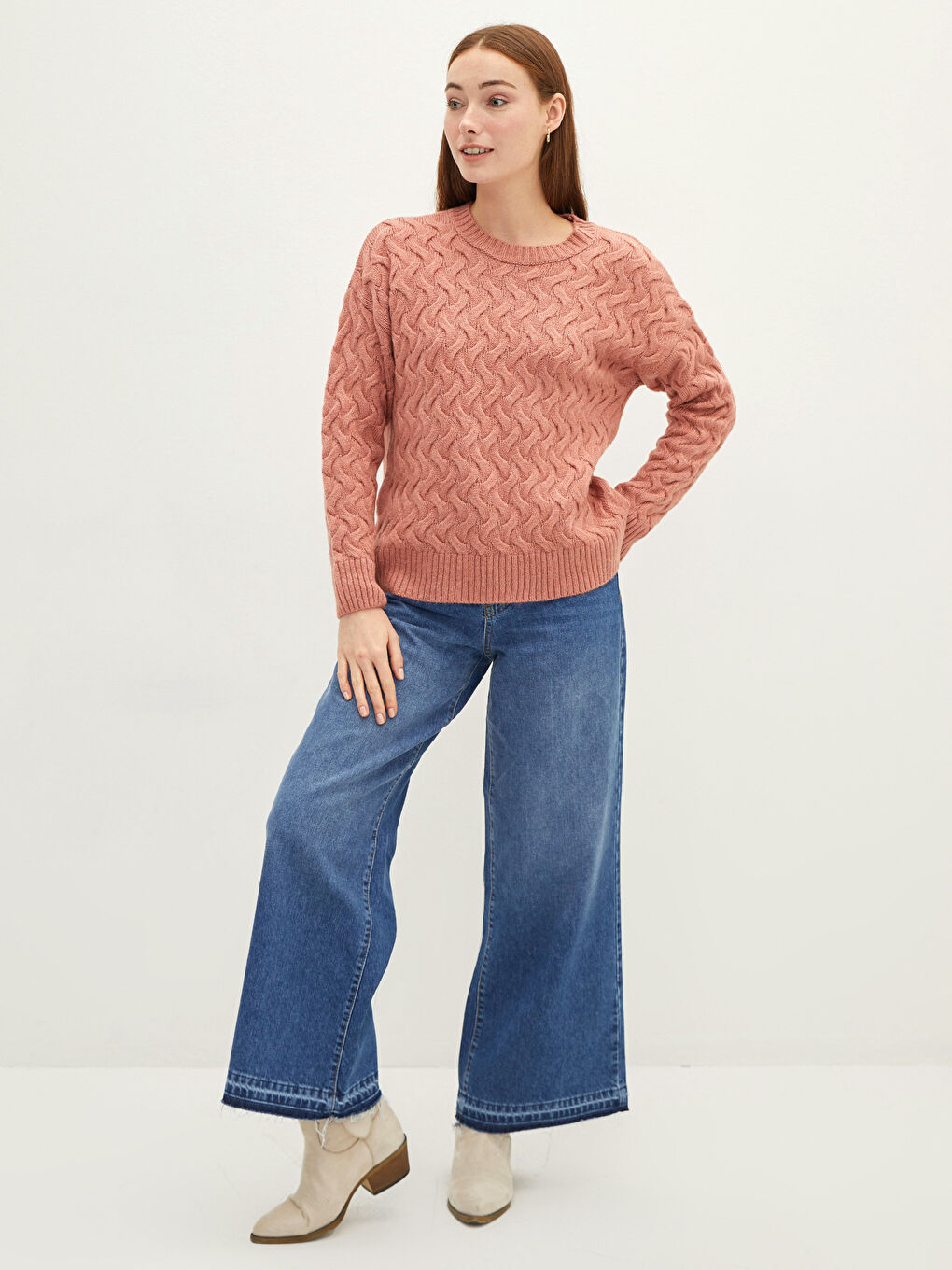 Pembe Bisiklet Yaka Kendinden Desenli Uzun Kollu Kadın Triko Kazak-3