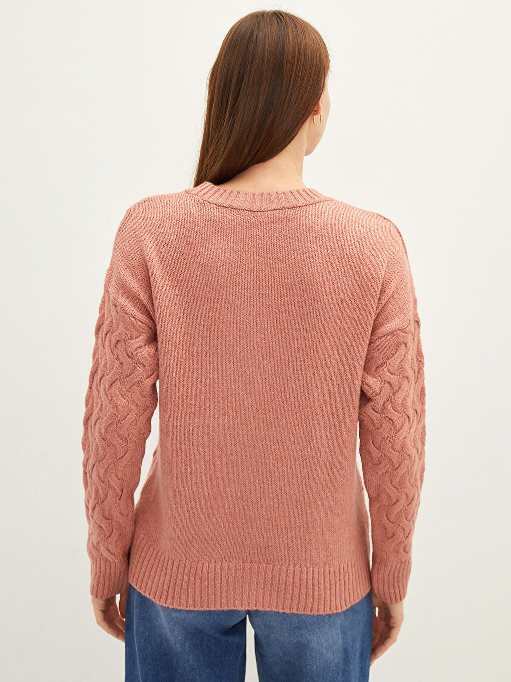 Pembe Bisiklet Yaka Kendinden Desenli Uzun Kollu Kadın Triko Kazak-4