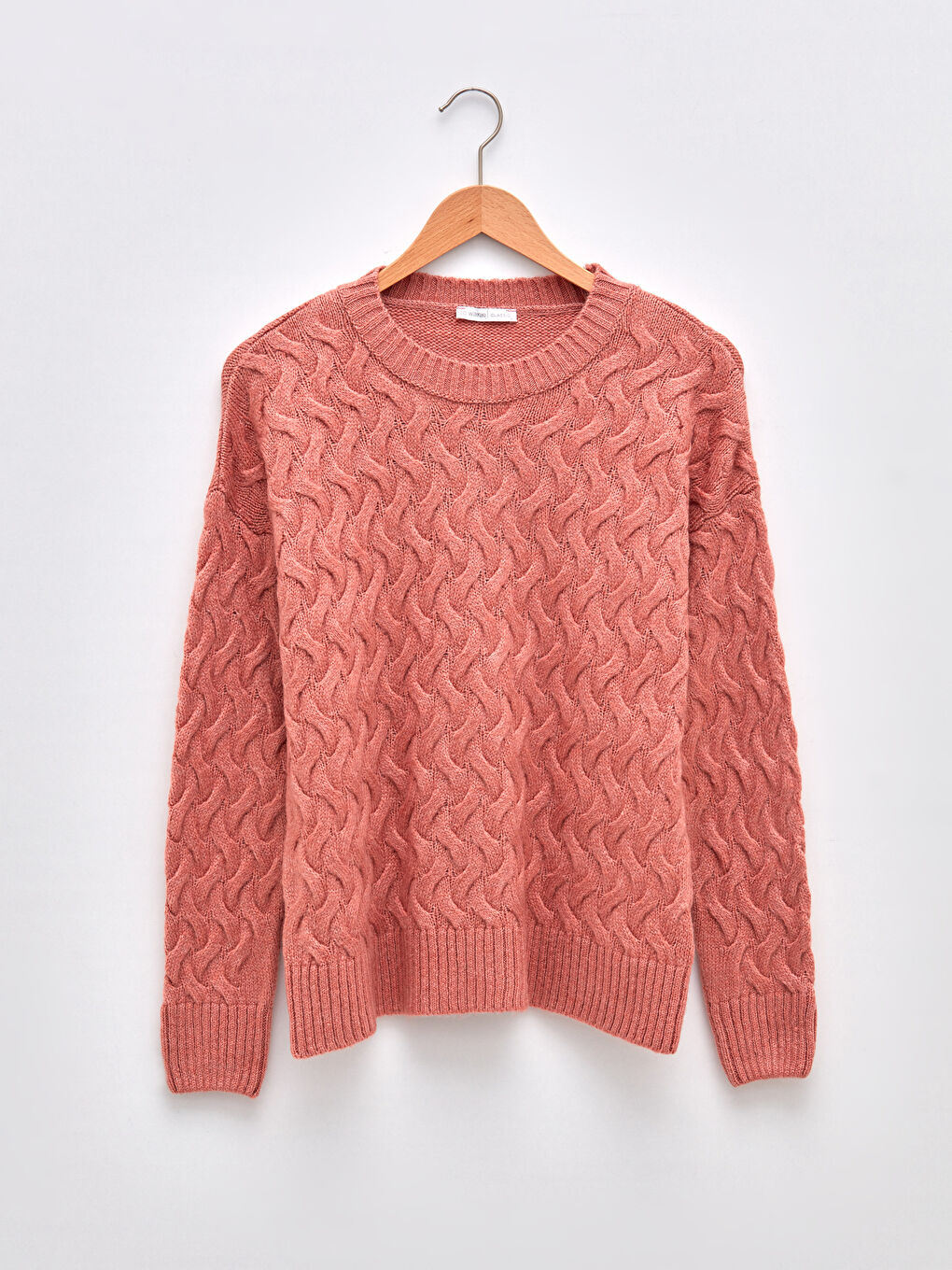 Pembe Bisiklet Yaka Kendinden Desenli Uzun Kollu Kadın Triko Kazak-5