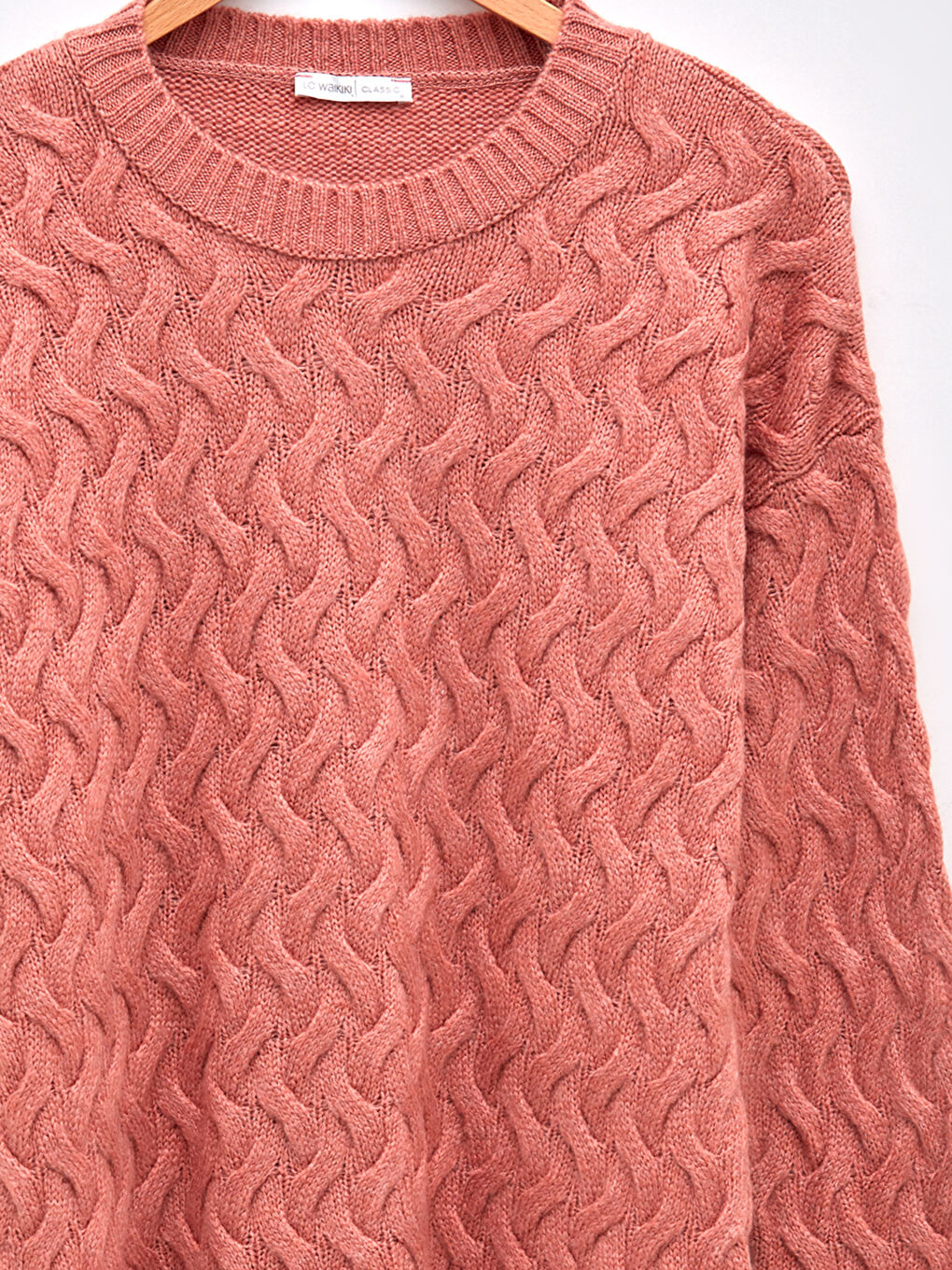 Pembe Bisiklet Yaka Kendinden Desenli Uzun Kollu Kadın Triko Kazak-7