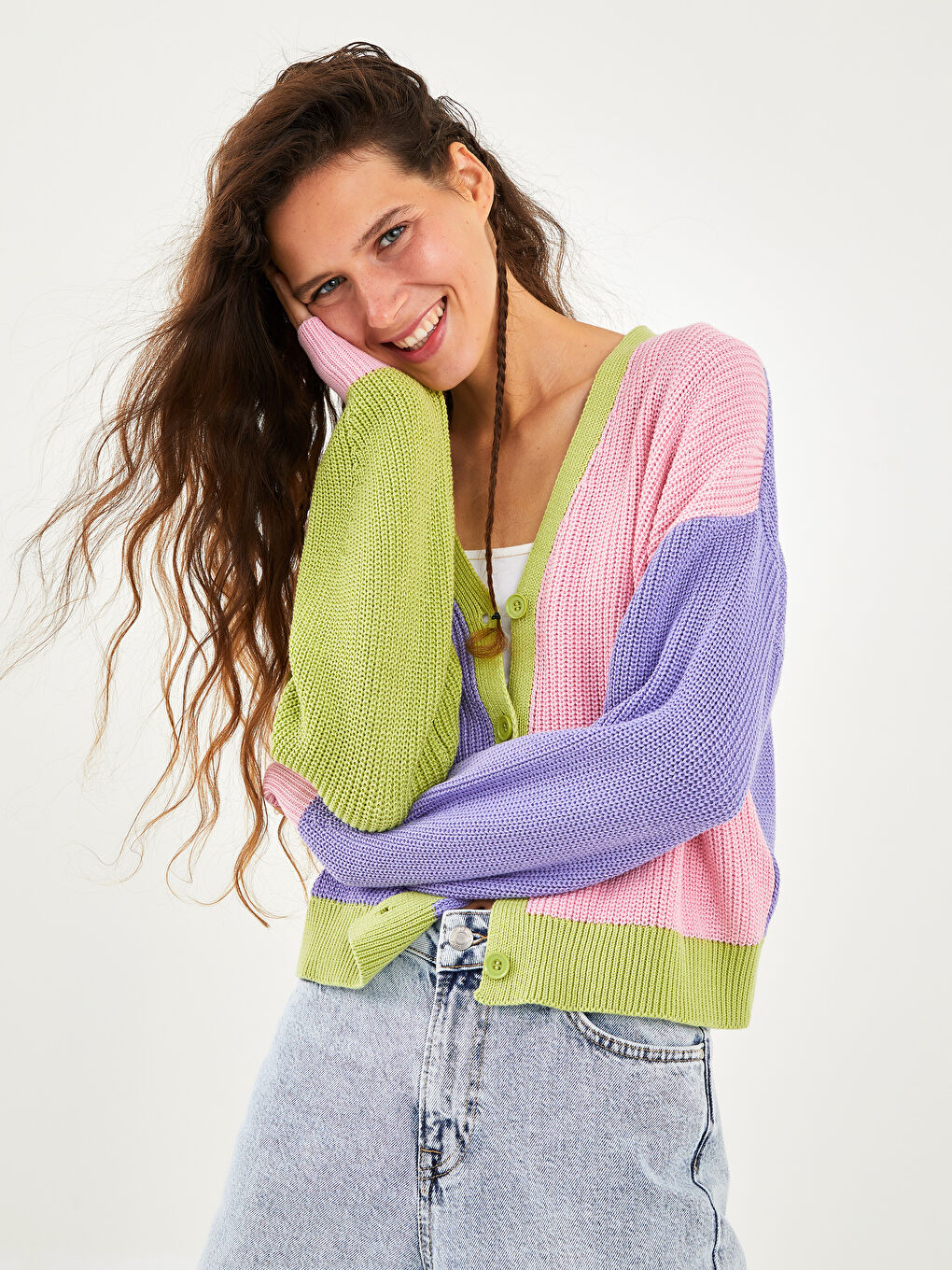 Cardigan en Tricot à Encolure en V et Bloc de Couleurs avec Manches Longues pour Femmes-1