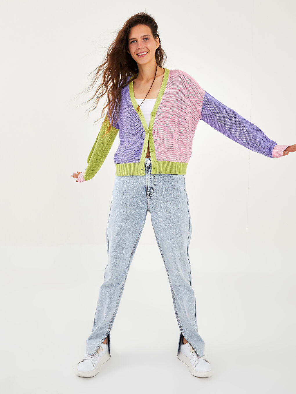 Cardigan en Tricot à Encolure en V et Bloc de Couleurs avec Manches Longues pour Femmes-3