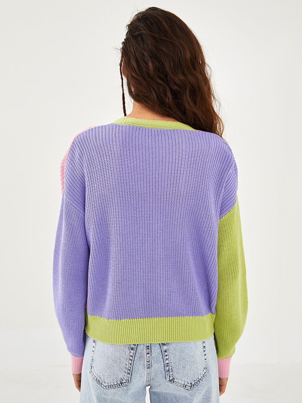 Cardigan en Tricot à Encolure en V et Bloc de Couleurs avec Manches Longues pour Femmes-5