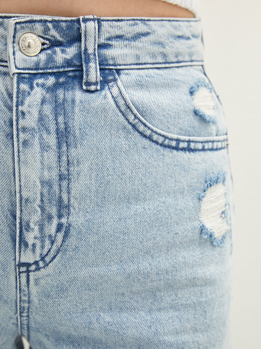 İndigo Yüksek Bel Wideleg Yırtık Detaylı Kadın Jean Pantolon-3