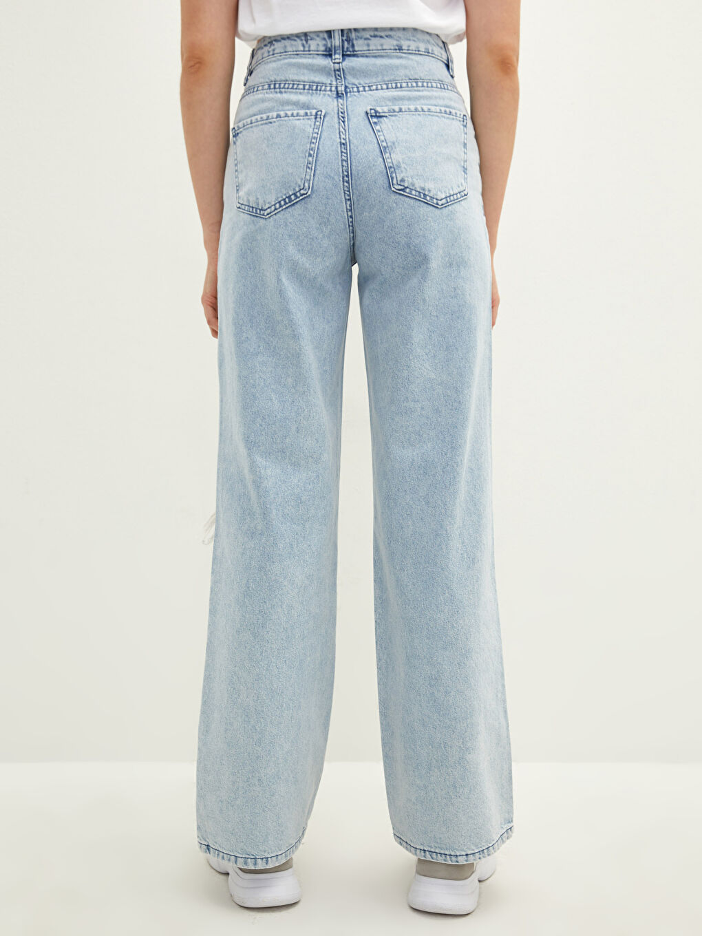 İndigo Yüksek Bel Wideleg Yırtık Detaylı Kadın Jean Pantolon-4