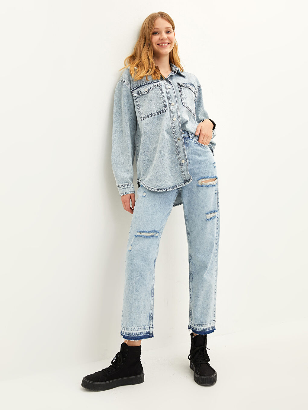 İndigo Yüksek Bel Straight Fit Cep Detaylı Kadın Rodeo Jean Pantolon-1