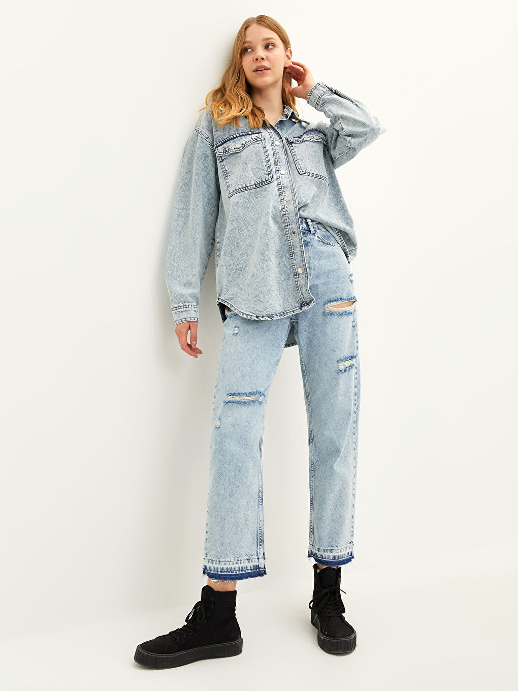 İndigo Yüksek Bel Straight Fit Cep Detaylı Kadın Rodeo Jean Pantolon-2