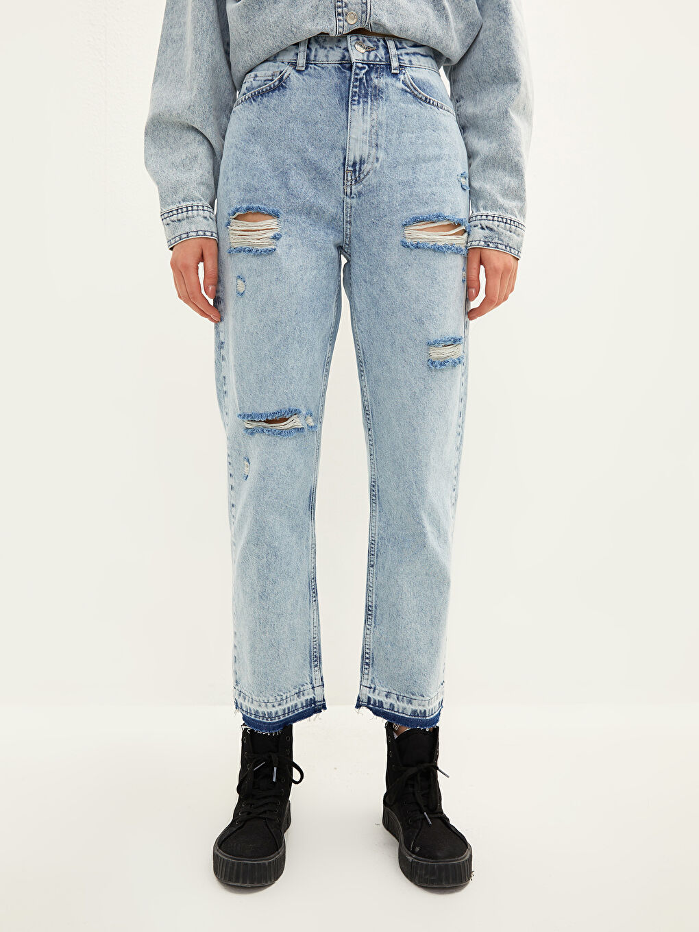 İndigo Yüksek Bel Straight Fit Cep Detaylı Kadın Rodeo Jean Pantolon-4