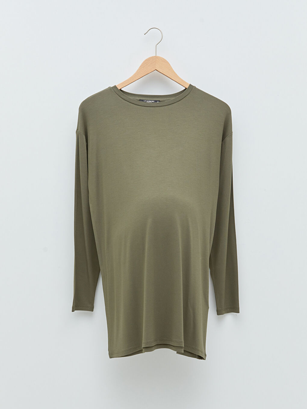 Haki Bisiklet Yaka Düz Uzun Kollu Viskon Hamile Tunik-4