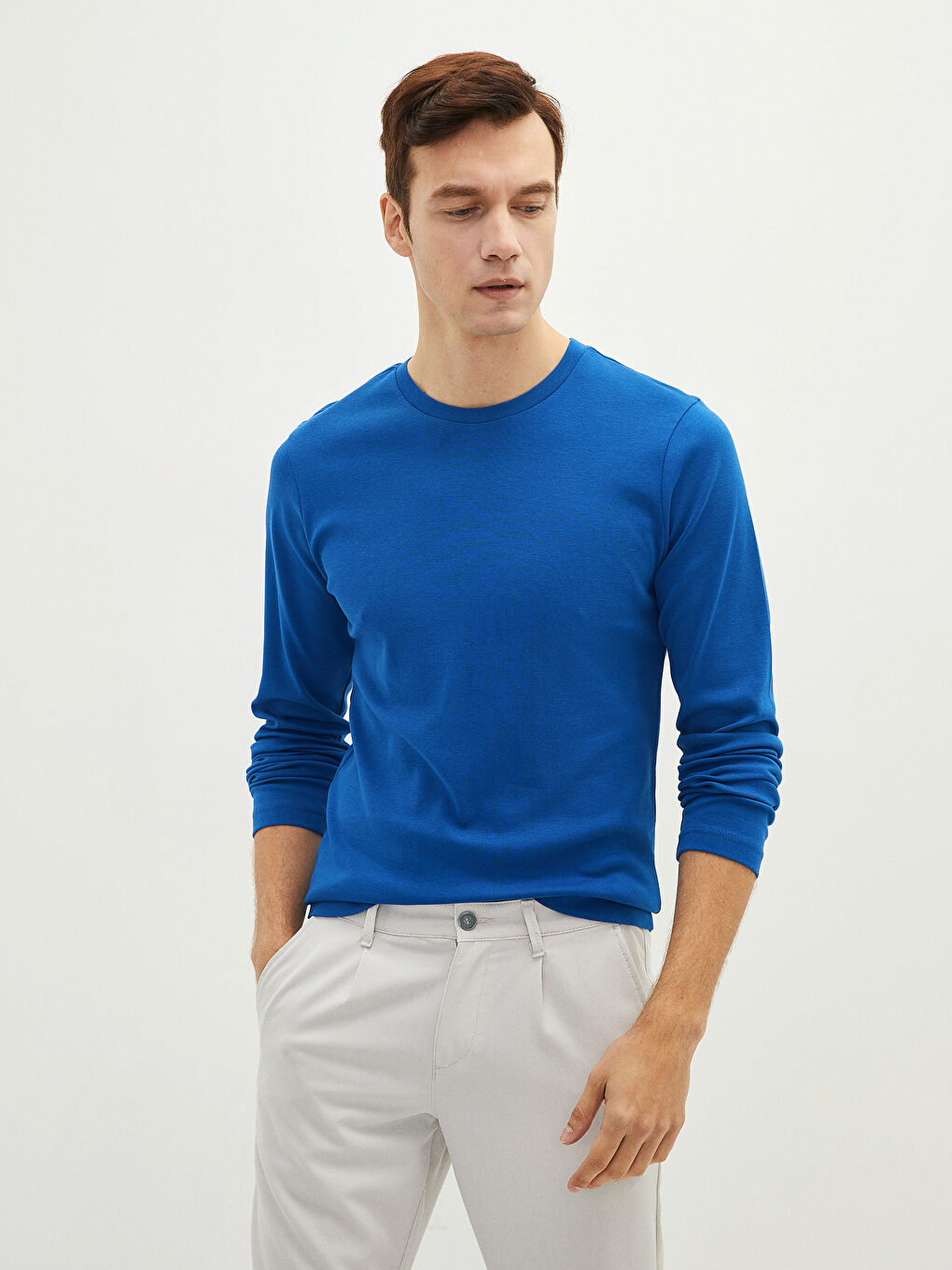 T-shirt Basique en Coton à Manches Longues Col Rond-1