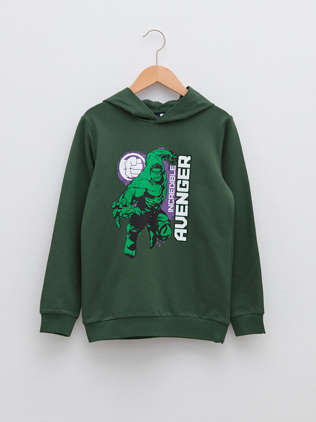 Yeşil Kapüşonlu Hulk Baskılı Uzun Kollu Erkek Çocuk Sweatshirt