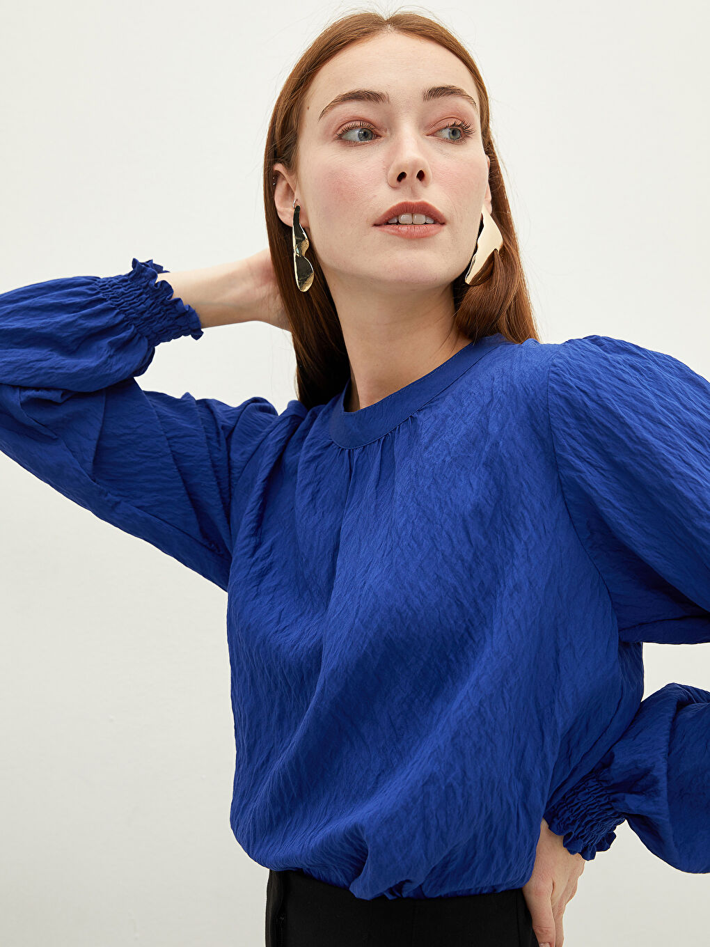 Lacivert Hakim Yaka Düz Uzun Kollu Poplin Kadın Bluz