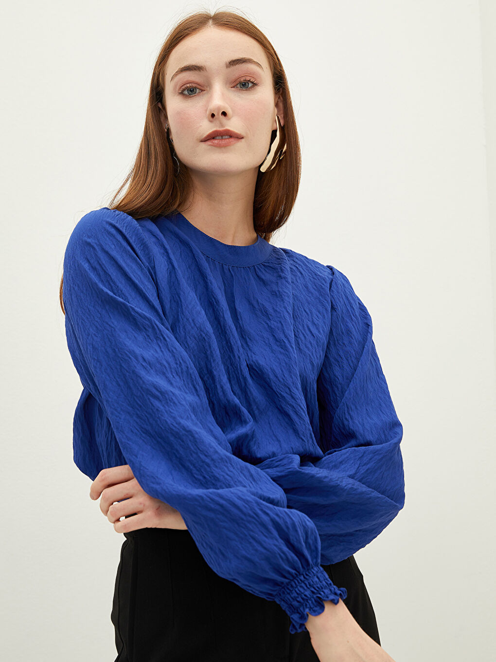 Lacivert Hakim Yaka Düz Uzun Kollu Poplin Kadın Bluz-2