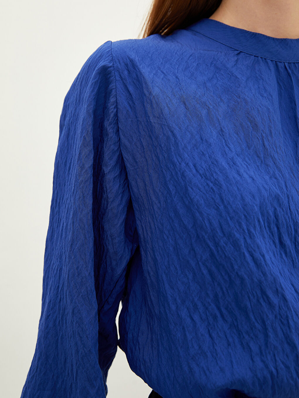 Lacivert Hakim Yaka Düz Uzun Kollu Poplin Kadın Bluz-3