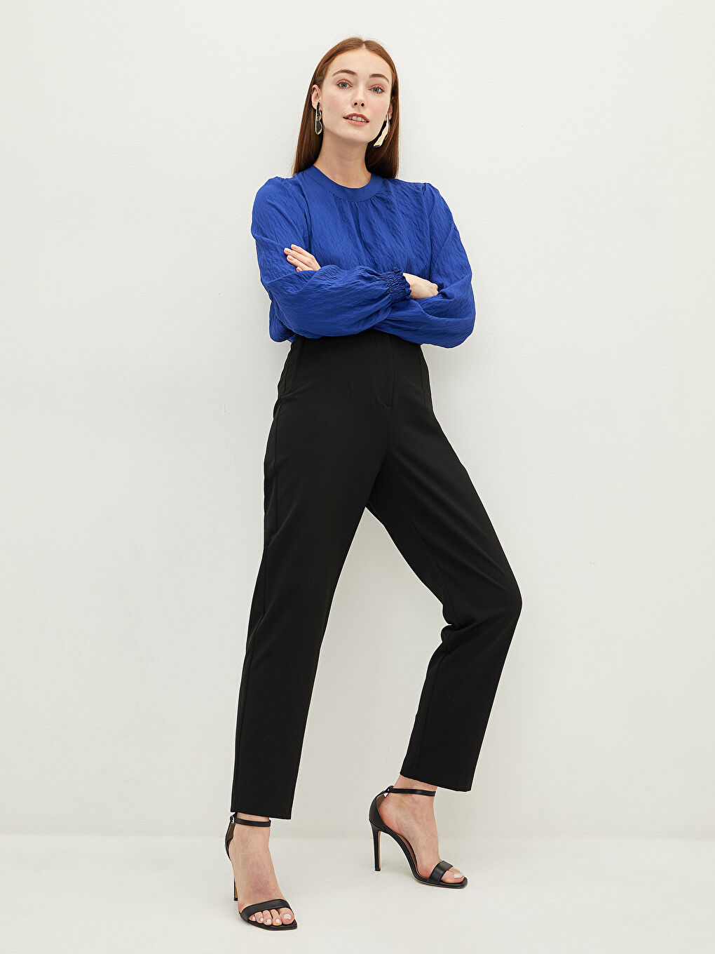 Lacivert Hakim Yaka Düz Uzun Kollu Poplin Kadın Bluz-4