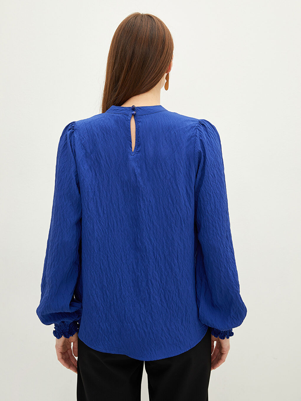 Lacivert Hakim Yaka Düz Uzun Kollu Poplin Kadın Bluz-5