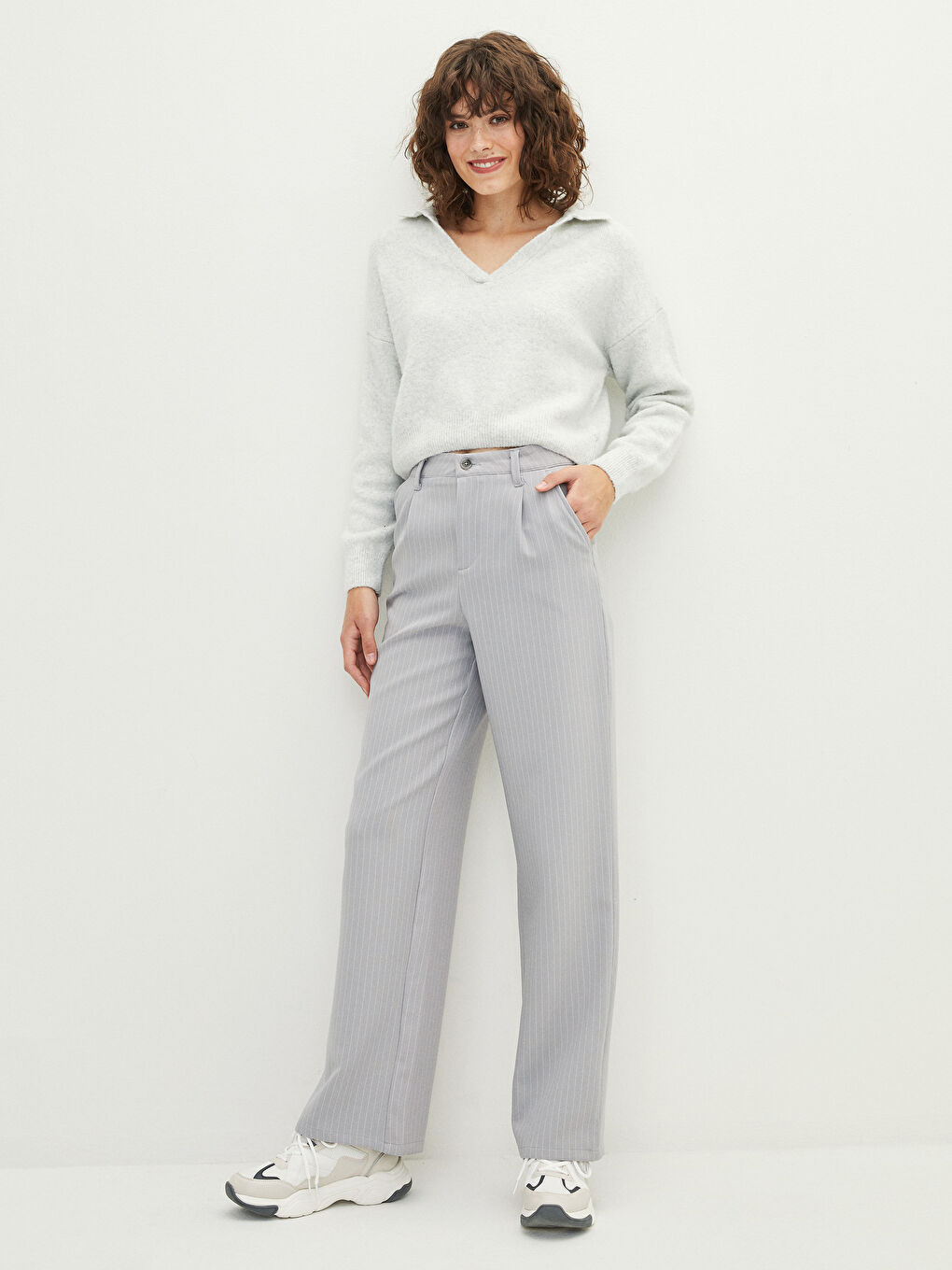 Lacivert Normal Bel Rahat Kalıp Çizgili Kadın Pantolon-3