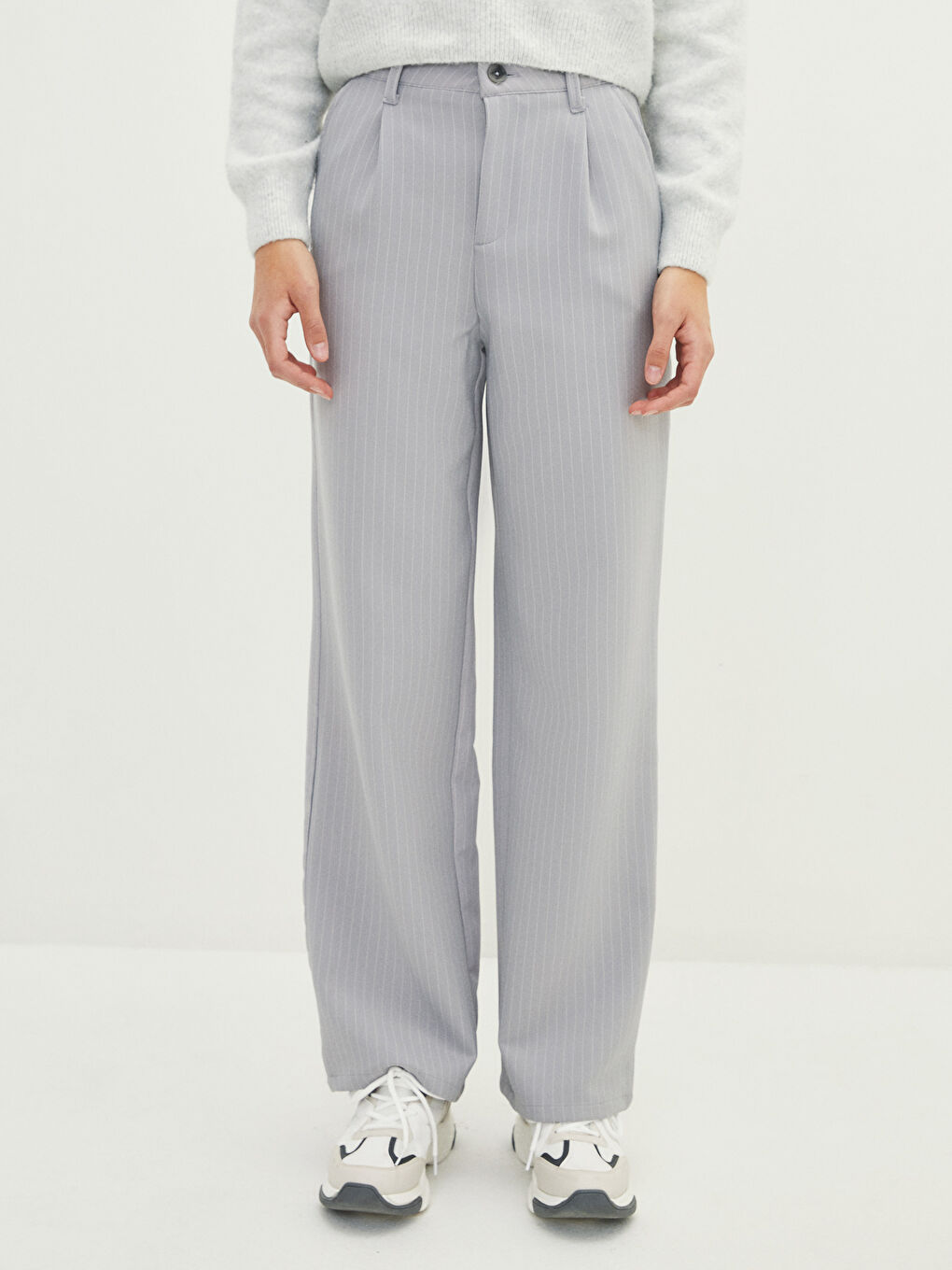 Lacivert Normal Bel Rahat Kalıp Çizgili Kadın Pantolon-5