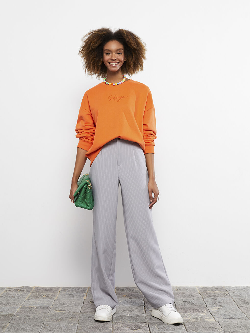 Lacivert Normal Bel Rahat Kalıp Çizgili Kadın Pantolon