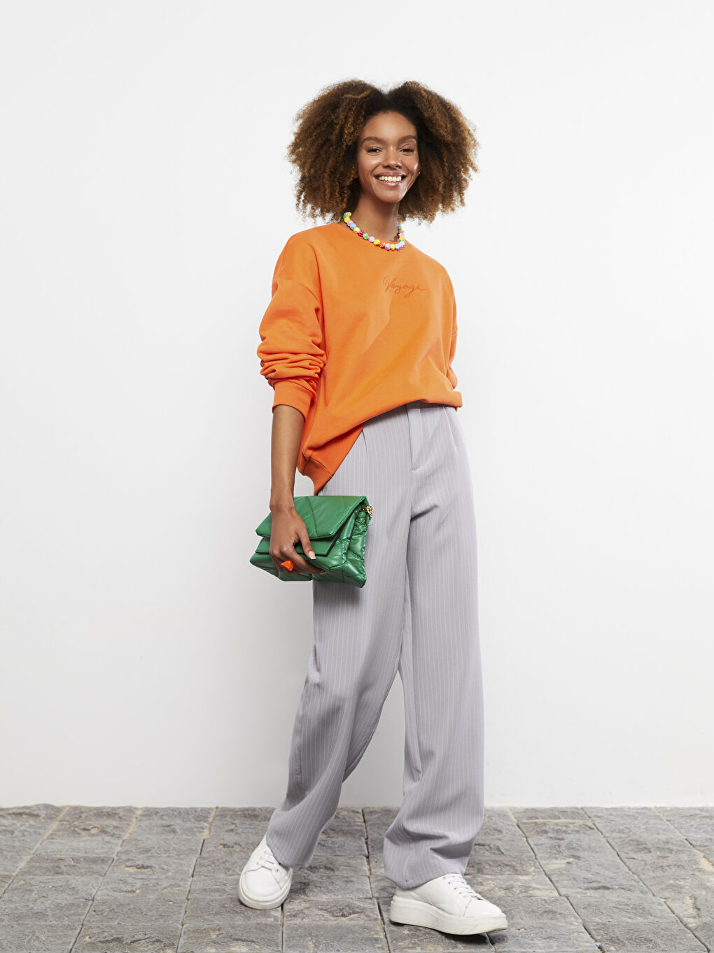 Lacivert Normal Bel Rahat Kalıp Çizgili Kadın Pantolon-1