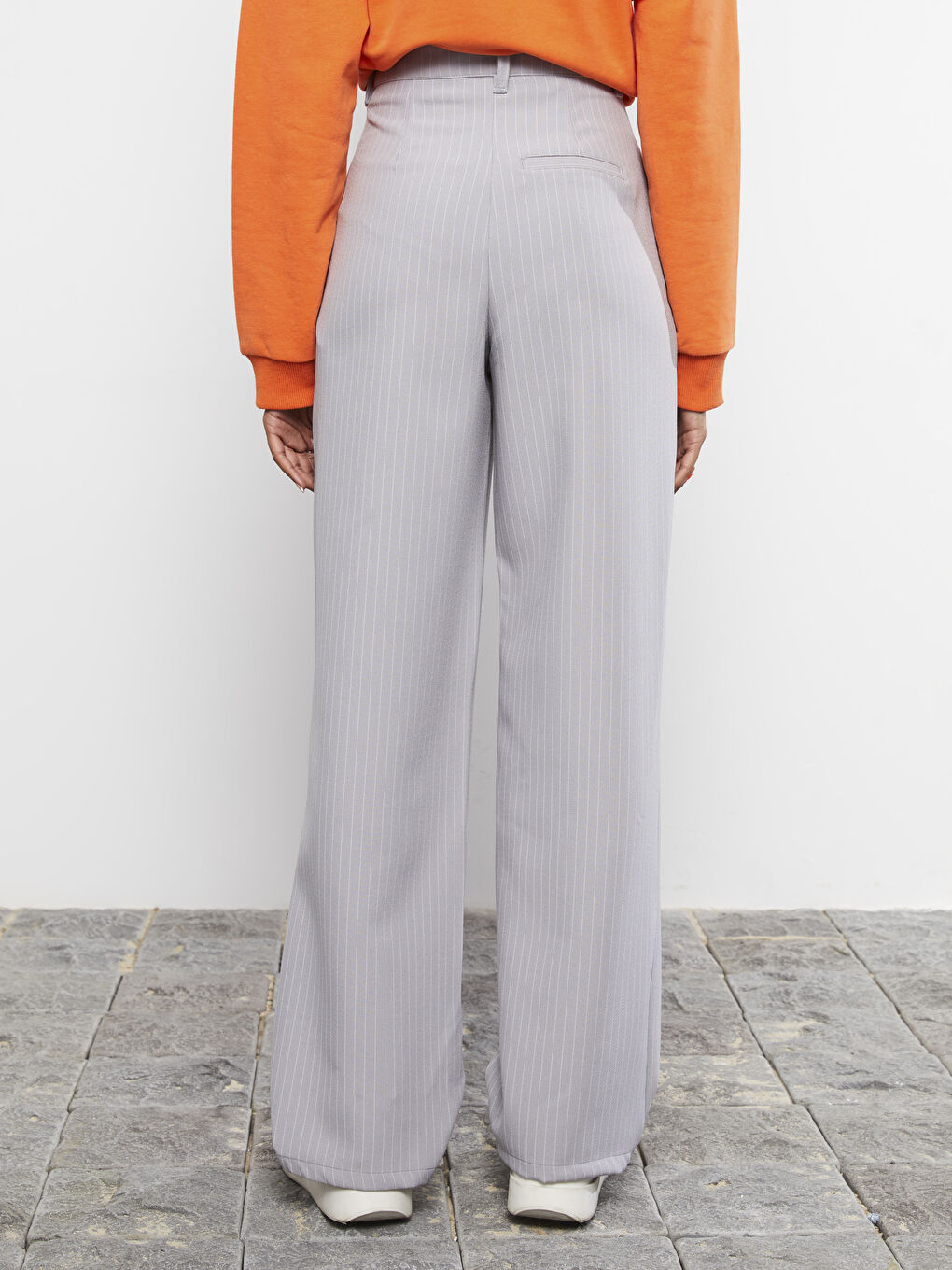 Lacivert Normal Bel Rahat Kalıp Çizgili Kadın Pantolon-8