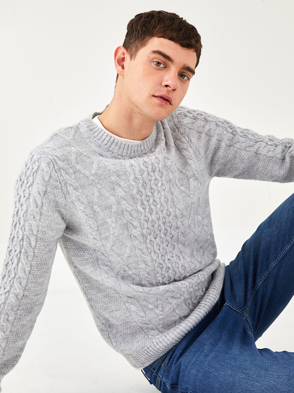 Crew Neck Long Sleeve Self Patterned Men's Tricot Sweater