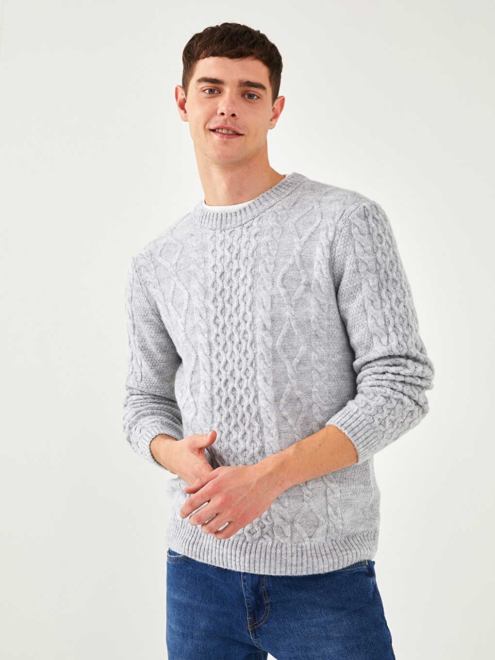 Crew Neck Long Sleeve Self Patterned Men's Tricot Sweater-1