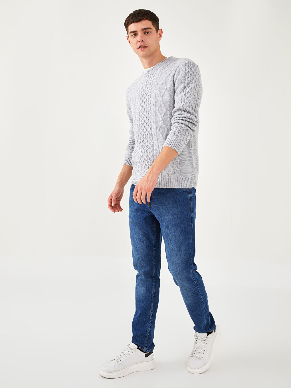 Crew Neck Long Sleeve Self Patterned Men's Tricot Sweater-3