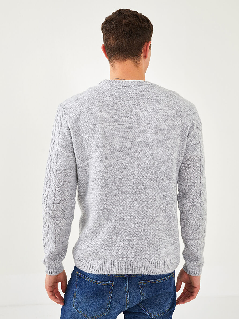 Crew Neck Long Sleeve Self Patterned Men's Tricot Sweater-4