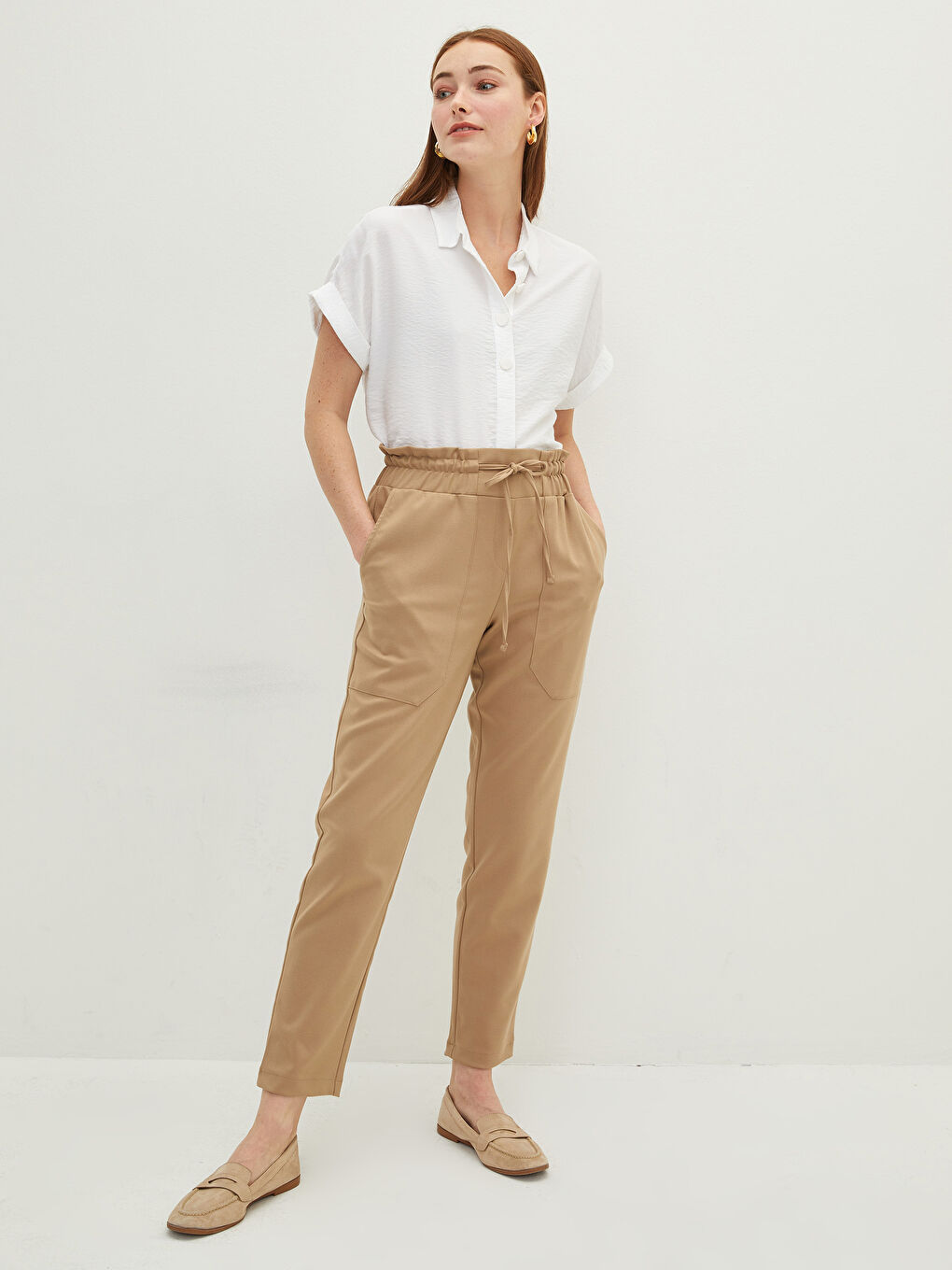 Pantalon à Taille Élastique avec Poches Détail pour Femmes-1