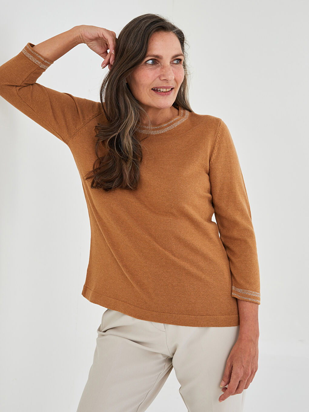 Crew Neck Stripe Detailed Long Sleeve Women's Tricot Sweater