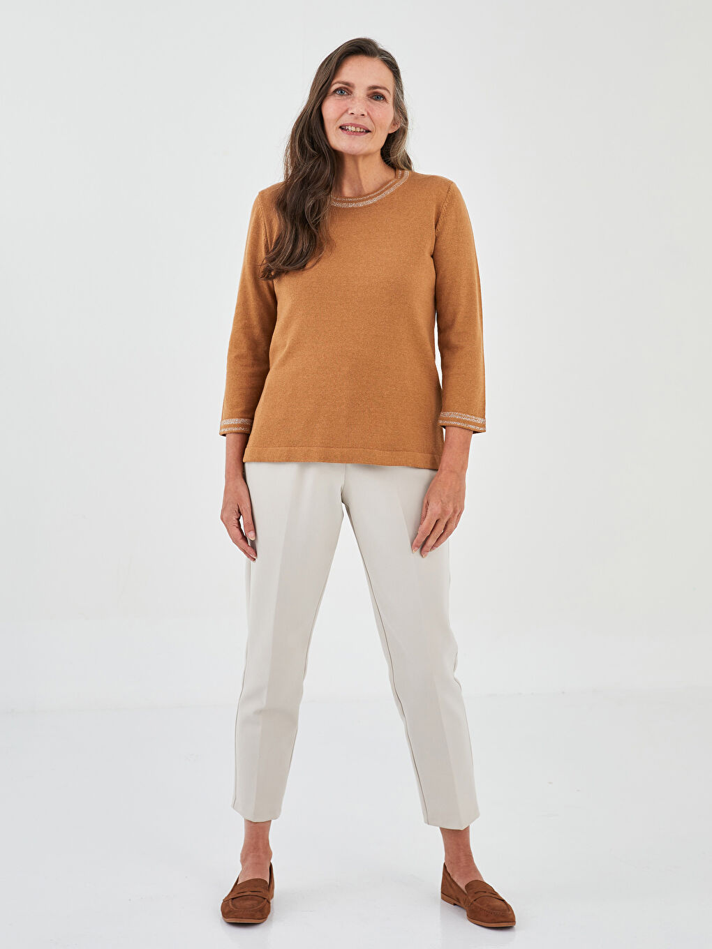 Crew Neck Stripe Detailed Long Sleeve Women's Tricot Sweater-3