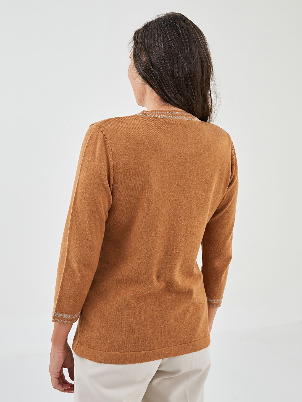 Crew Neck Stripe Detailed Long Sleeve Women's Tricot Sweater-4